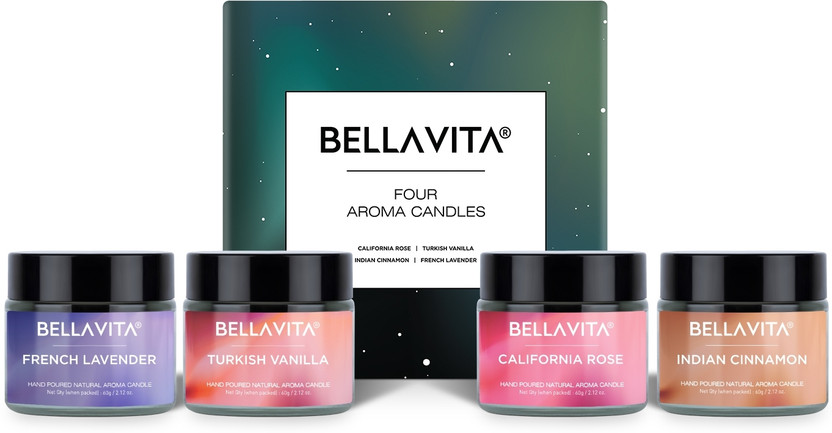 BELLAVITA Aroma Candles Pure Soy Wax 4 X 60g each, Vanilla, Cinnamon, Lavender & Rose, Candle(Multicolor, Pack of 4)