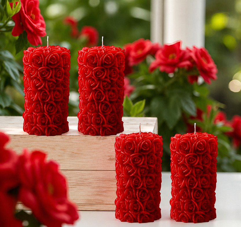 Mahasu Candles For Home Decor, Rose Fragrance, Pillar Shape, Red Candle(Red, Pack of 4)