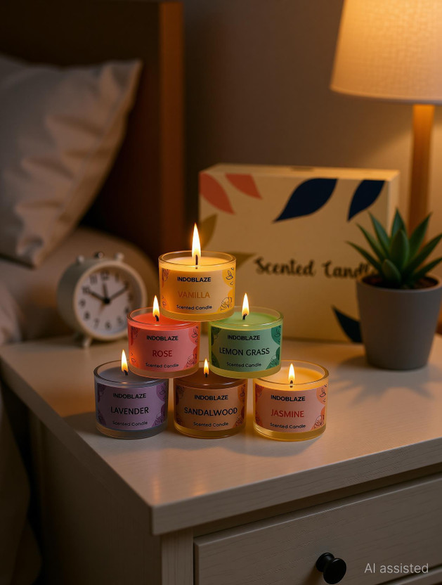 Indoblaze Scented Candles Gift Set of 6, Reusable acrylic jar, perfect aroma candles Candle(Multicolor, Pack of 6)
