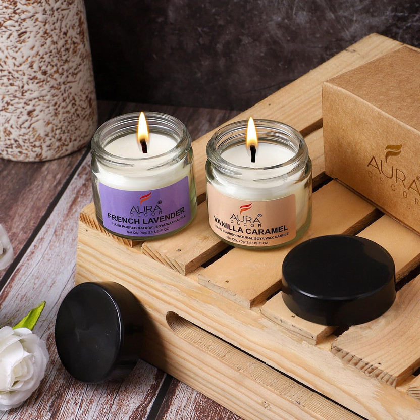 AuraDecor Scented Soy Wax Jar Candle Long-Lasting Candles(French Lavender+Vanilla Caramel) Candle(Purple, Pack of 2)