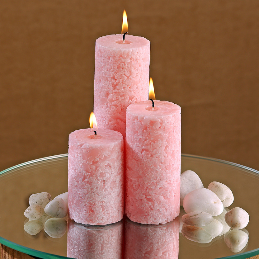 Parkash Candles Set of 3 Fragrance Pillar Candles Baby Pink Marble Finish (White Sage Fragrance) Candle(Pink, Pack of 3)