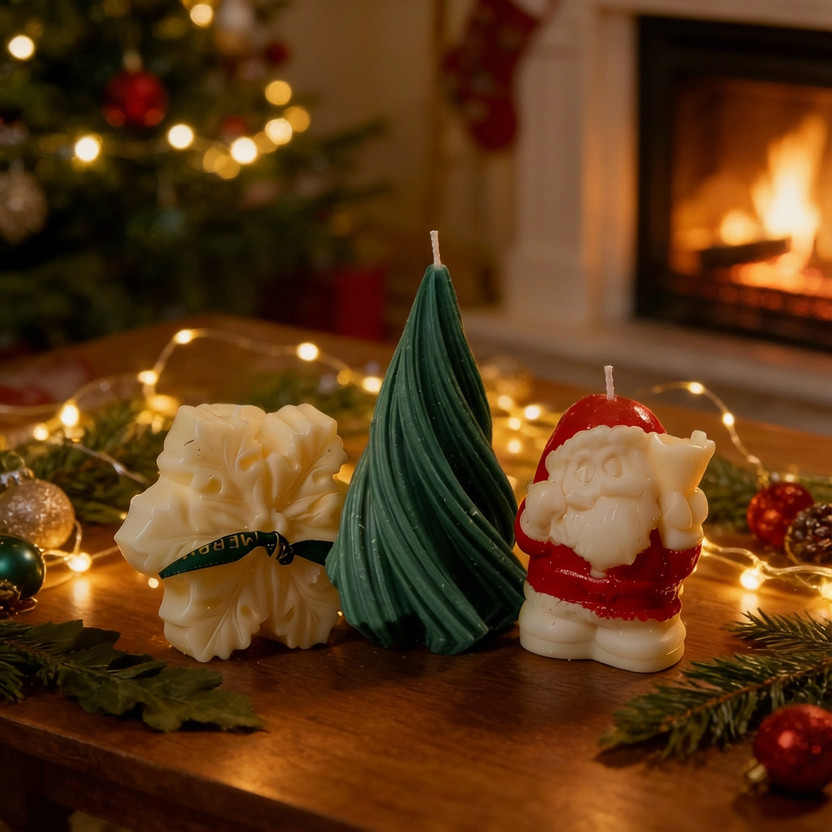 VoiDrop Christmas Candle Trio Gift Set Leaf Tree,Santa & Snowflake in Premium Gift Box Candle(Multicolor, Pack of 3)