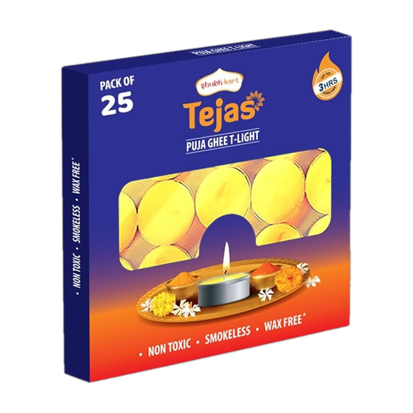 Shubhkart Tejas Ghee T-light Candle|Non Toxic & Wax Free|Long Lasting|Upto 3 Hrs Burn Time Candle(Yellow, Pack of 25)