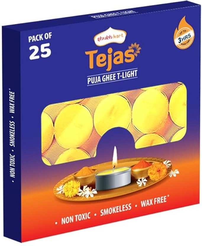 Shubhkart Tejas Ghee T-light Candle|Non Toxic & Wax Free|Long Lasting|Upto 3 Hrs Burn Time Candle(Yellow, Pack of 25)