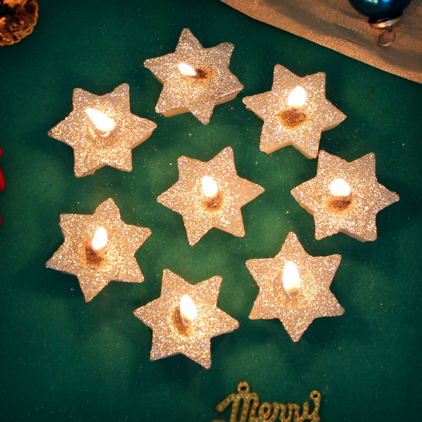 TIED RIBBONS Decorative Star Shaped Tealight Wax Candles for Christmas Home Office Decoration Candle(Silver, Pack of 8)