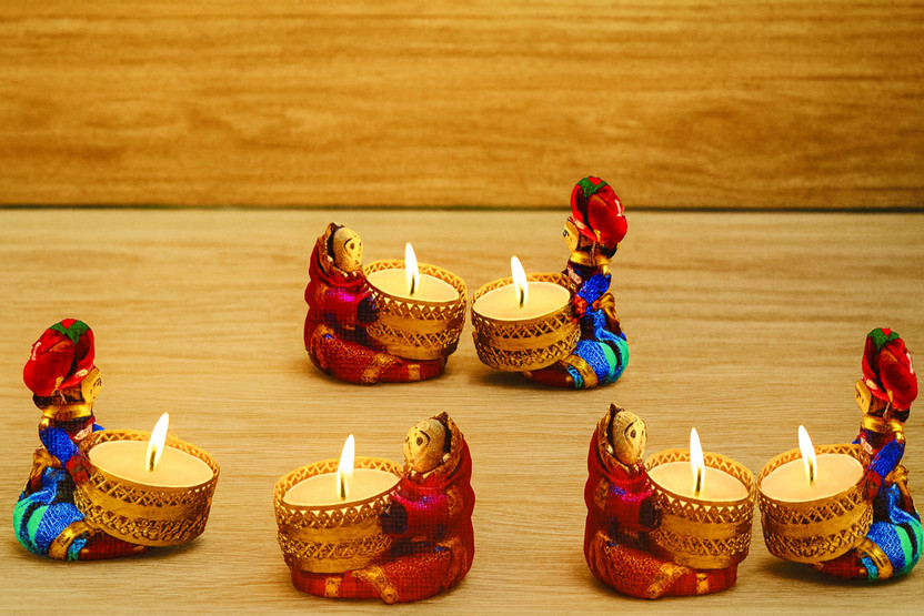 THE CLICK INDIA Tealight Holder, Candle Tealight, Candle Diya, Candle Stand, Candle for home Decor, Puppet Tealight Candle Holder for Home Decor , Puppet Designer Tealight holder with Candle Wooden With Candle Candle(Multicolor, Multicolor, Pack of 6)