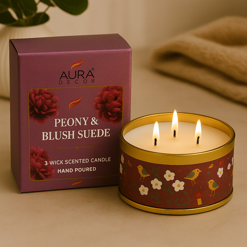 AuraDecor AuraDecor 3 Wick Scented Tin Candle Hand Poured Soy Blend (Peony Blush & Suede) Candle(Maroon, Pack of 1) - Flipkart Deal
