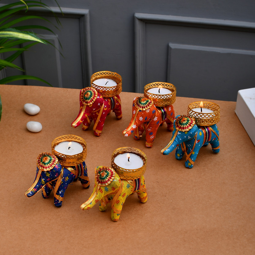 PRIDE STORE Elephant Tealight Candle Holder for Home Decor on Festival Candle(Multicolor, Pack of 5)