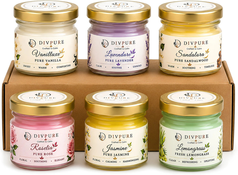 Divpure Mini Scented Jar Candle Set | Aroma Fragrance | Trending Candles Gift Set Candle(Multicolor, Pack of 6)