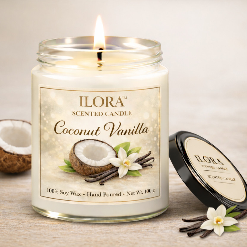 Ilora Coconut Vanilla Scented Jar Candle for Gift Soy Wax Aromatherapy Home Decor Candle(White, Pack of 1)
