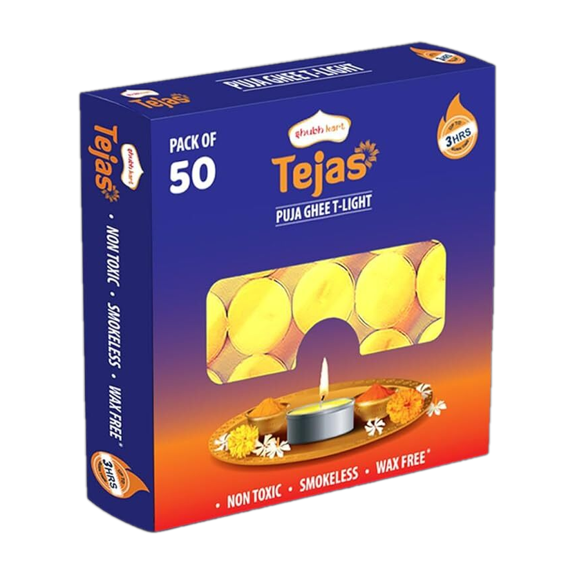 Shubhkart Tejas Ghee T-light Candle|Non Toxic & Wax Free|Long Lasting|Upto 3 Hrs Burn Time Candle(Yellow, Pack of 50)