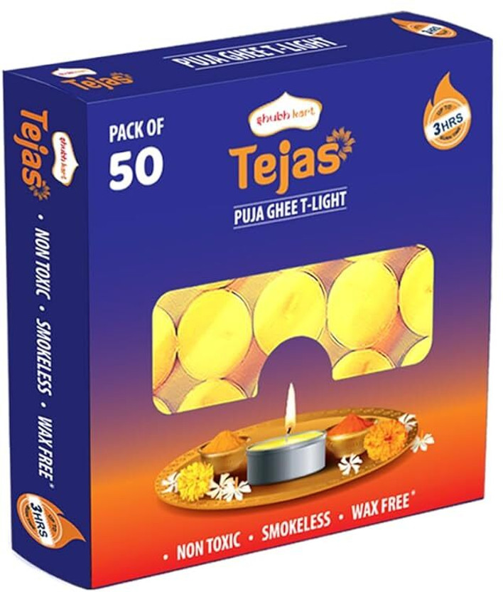 Shubhkart Tejas Ghee T-light Candle|Non Toxic & Wax Free|Long Lasting|Upto 3 Hrs Burn Time Candle(Yellow, Pack of 50)