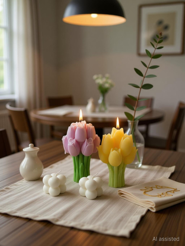 NCF 3 tulip candle + 2 free mini bubble Candle(Multicolor, Pack of 5)