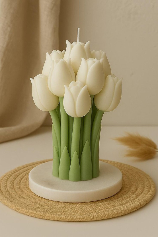 SolsticeGlow Handmade Aesthetic Tulip Bouquet Scented Candle Candle(White, Pack of 1)