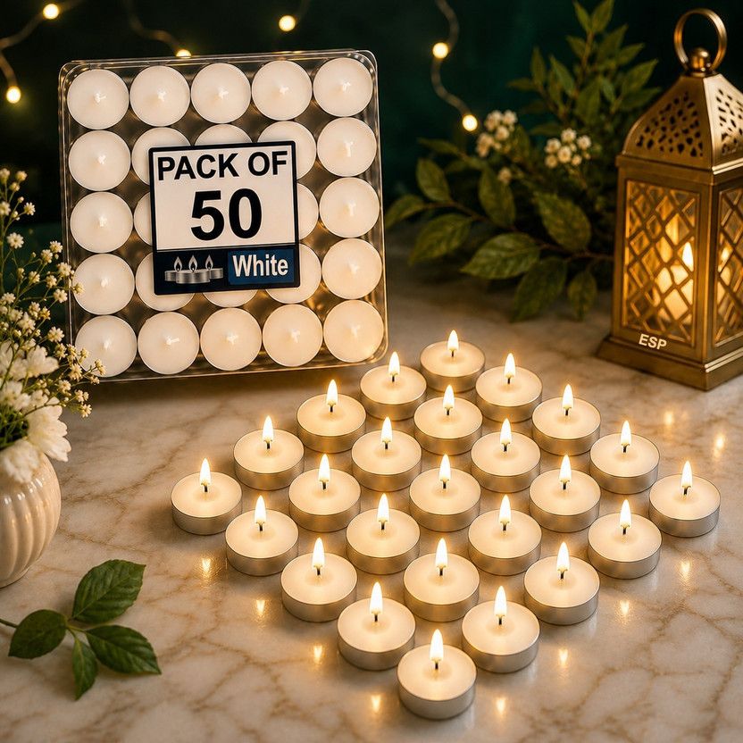 ESP tea light candles 50 Candles 2 hour Burning Smokeless Candle(White, Pack of 50)