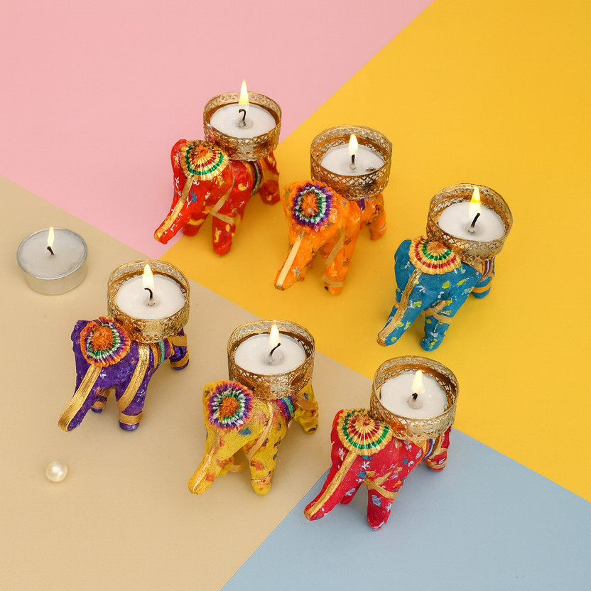 THE CLICK INDIA Tealight Candle Holder/Elephant Candle Holder/Tealight Candle/Candle Holders for Home Decor, Diwali Gift, Candle Diya, Candle for Birthday, Diwali, Festival Decoration 3.5 Hour Burning Time Puppet Tealight Candle Pack of 6 (Multicolor) Candle(Brown, Pack of 6)