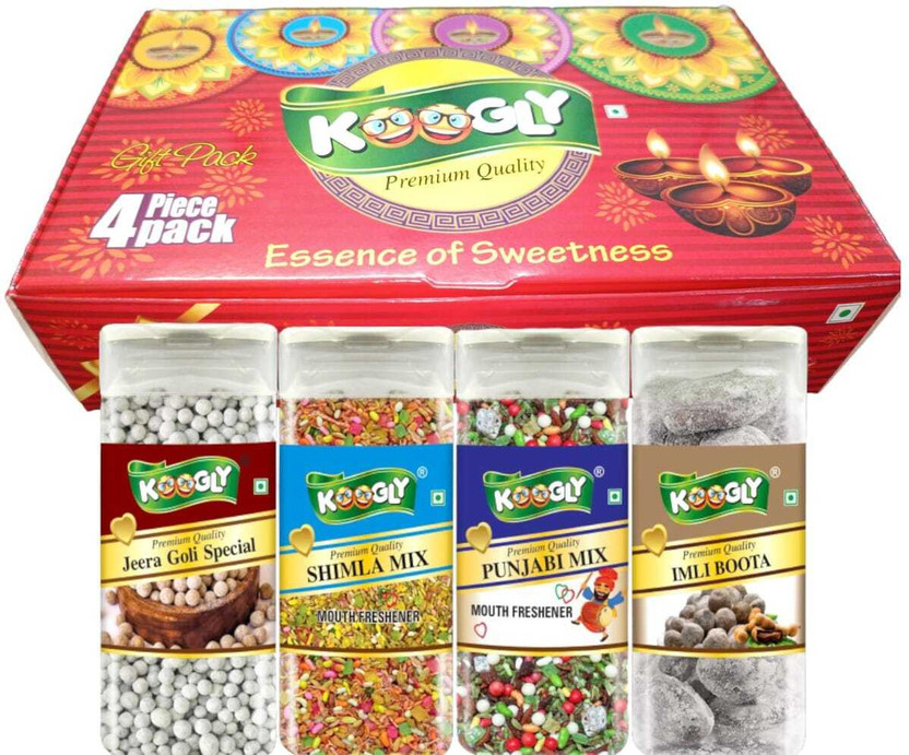 Koogly Koogly Diwali Gift Hamper Item Mouth Freshener Combo Box Shimla Mix, Imli Boota, Jeera goli special, Punjabi Mix Mouth Freshener(4 x 220 g) - Flipkart Deal