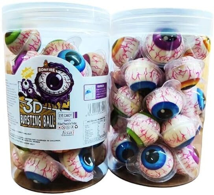 SATASTE 3D Bursting Eye Ball Candy Center Filled Gummy Candy Jelly Balls 30Pcs jar Mixed Fruits Jelly Candy(30 pieces)