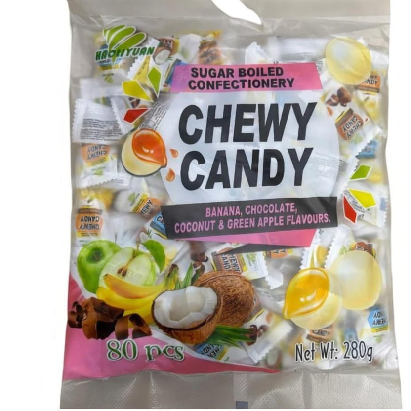 Haoliyuan Chewy Candy, Banana, Chocolate, Coconut & Green Apple Flavours Mix Candy(280 g)