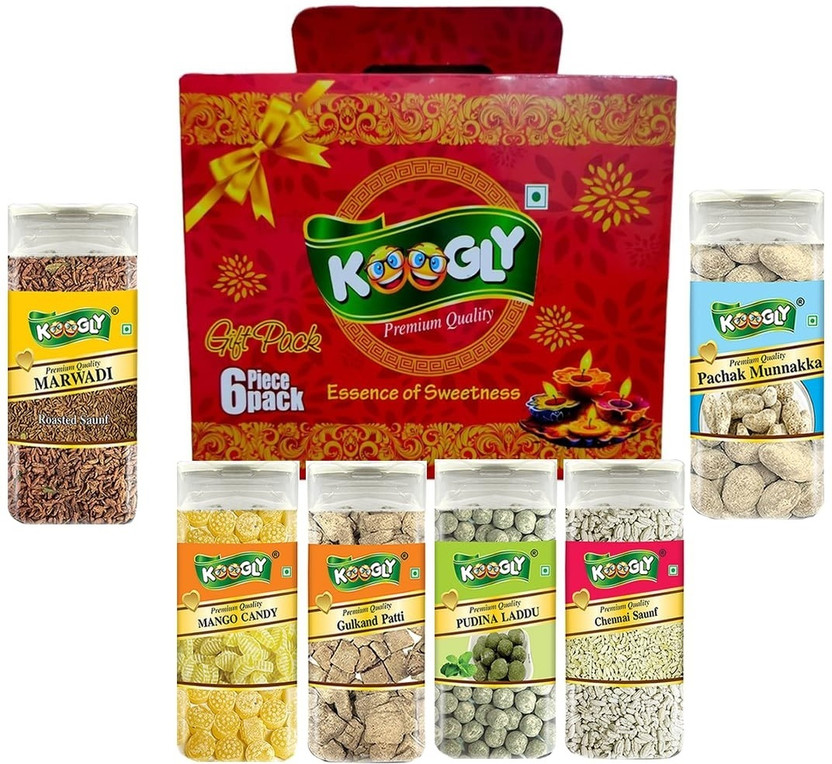 Koogly Diwali Gift Hamper Item Mouth Freshener Combo Box Marwadi sauf, Pachak Munnaka, Mango Candy, Gulkand Patti, Chennai Suaf, Pudina Laddu Mouth Freshener(6 x 211.67 g)
