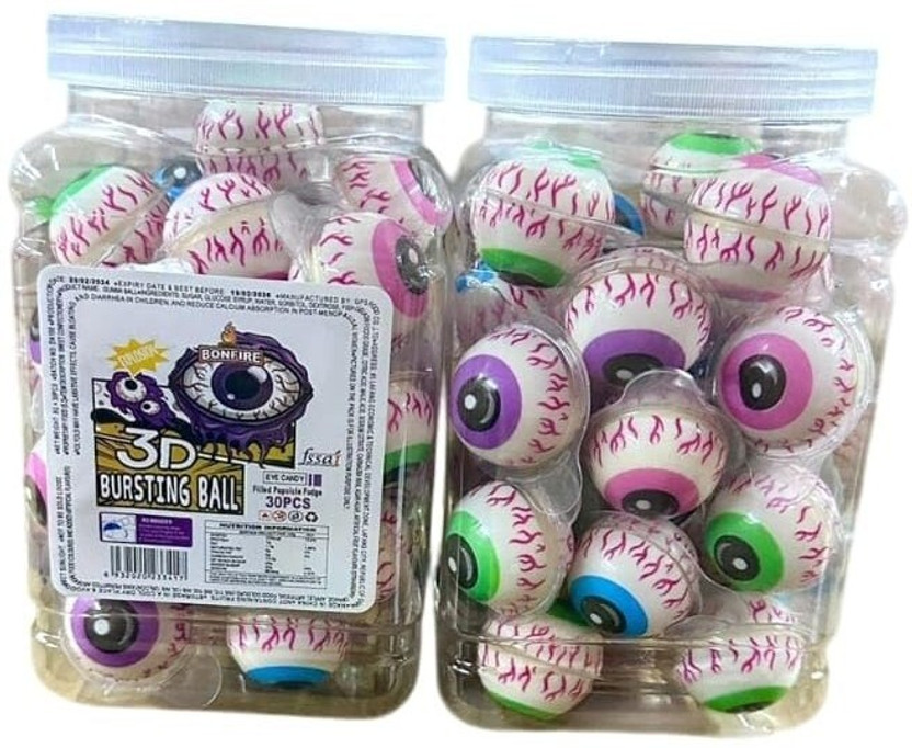 SATASTE 3D Bursting Eyeball and Mix Shaped Balls Candy Center Filled Gummy Candy Mixed Fruits Jelly Candy(30 pieces)