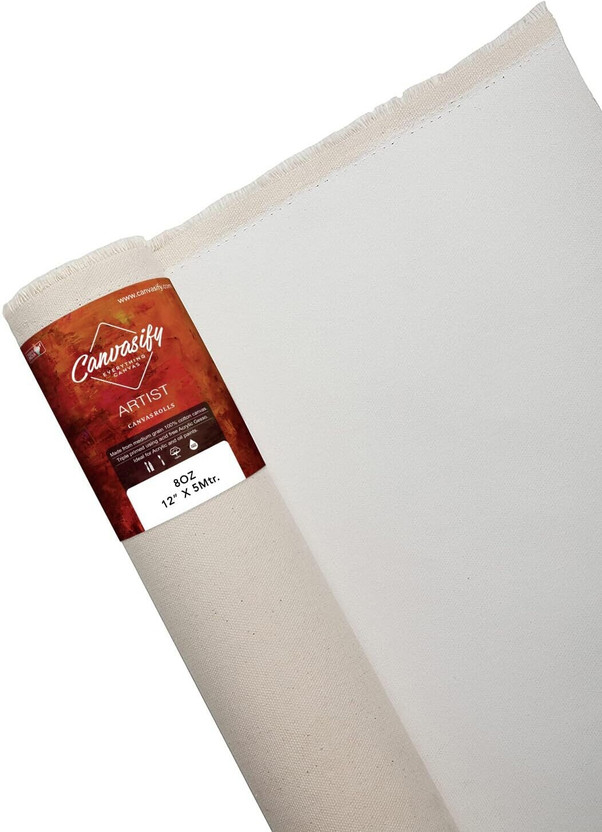 Canvasify 08 Oz Primed Cotton Medium Grain Canvas Roll White (12" X5mtr) Acrylic Acid Free Canvas Roll (Set of 1)(White)
