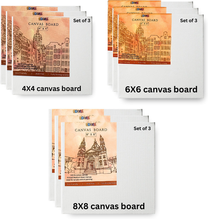 EDORE EDORE Combo Canvas Board Set of 9 | 4x4, 6x6 & 8x8 Inch Canvas Panels Cotton Acid Free Board Canvas (Set of 9)(White) - Flipkart Deal
