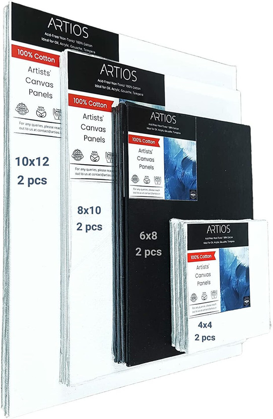 ARTIOS Canvas Board Combo - 4x4, 6x8, 8x10, 10x12 100% Cotton Acid Free Primed Canvas Board (Set of 8)(White and Black)