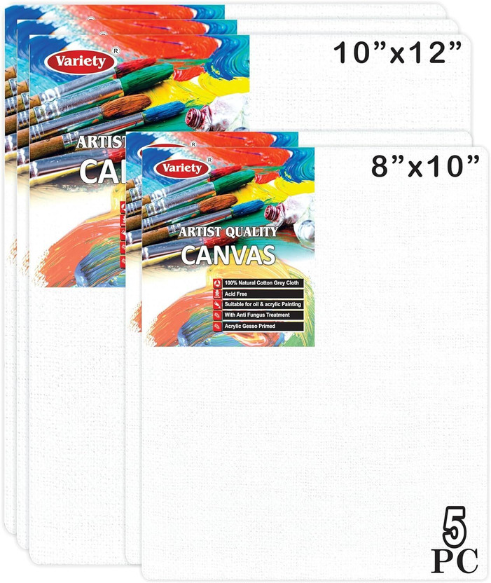 VARIETY 8 X 10 & 10 X 12 Inch Size, A4 Canvas Boards for Painting, Different Size Combo Pack Cotton Medium Grain Board Canvas (Set of 5)(PURE WHITE)