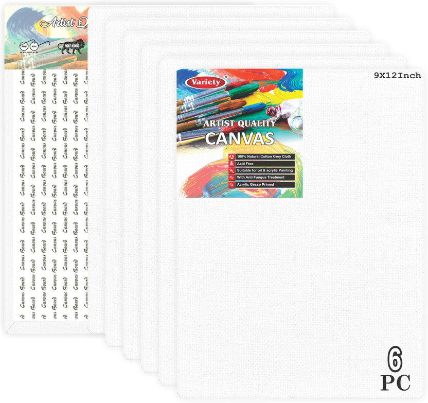 VARIETY 9 X 12 CANVAS BOARD Cotton Medium Grain Board Canvas (Set of 6)(PURE WHITE)
