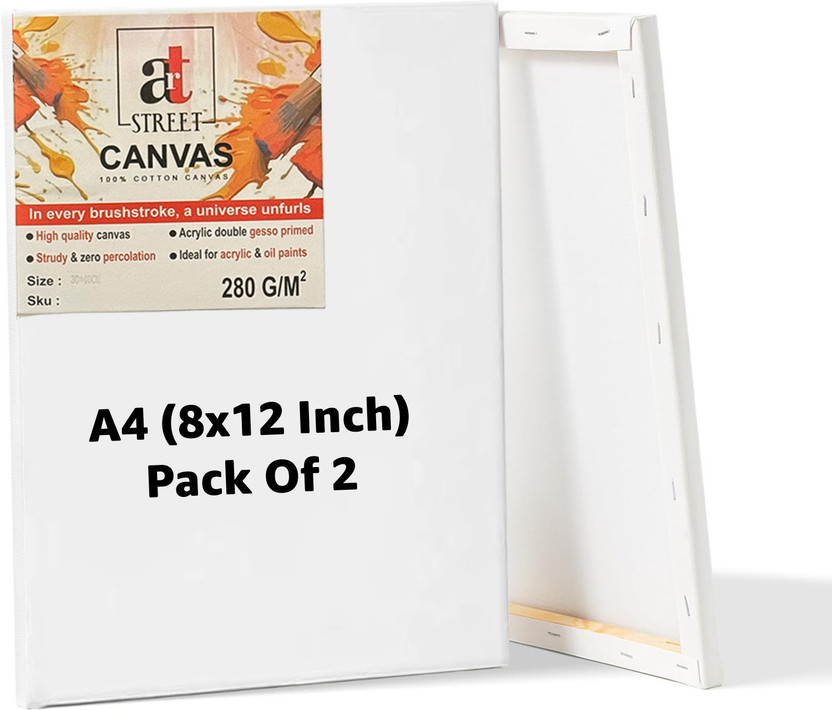 Art Street Primed 8x12 Inch Canvas with Wooden Frame for Acrylic and Oil Color Painting Cotton Medium Grain Pre Stretched Canvas (Set of 2)(White)