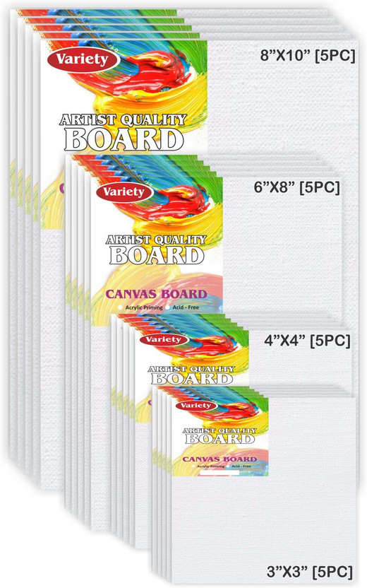 Variety Canvas 8X10 [5] 6X8 [5] 4X4 [5] 3X3 [5] Artist canvas Cotton Medium Grain Board Canvas, Primed Canvas Board (Set of 20)(White)