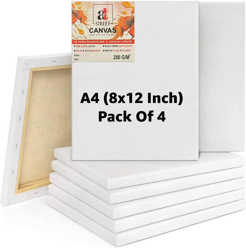 Art Street Primed 8x12 Inch Canvas with Wooden Frame for Acrylic and Oil Color Painting Cotton Medium Grain Pre Stretched Canvas (Set of 4)(White)