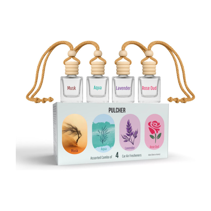 PULCHER Car Freshener - Assorted Combo Pack of 4, Musk, Aqua, Lavender, & Rose Oud Long-Lasting Essential Oil for Cars Dashboard to remove Odor, 4x10 ml Air Purifier(Pack of 4)
