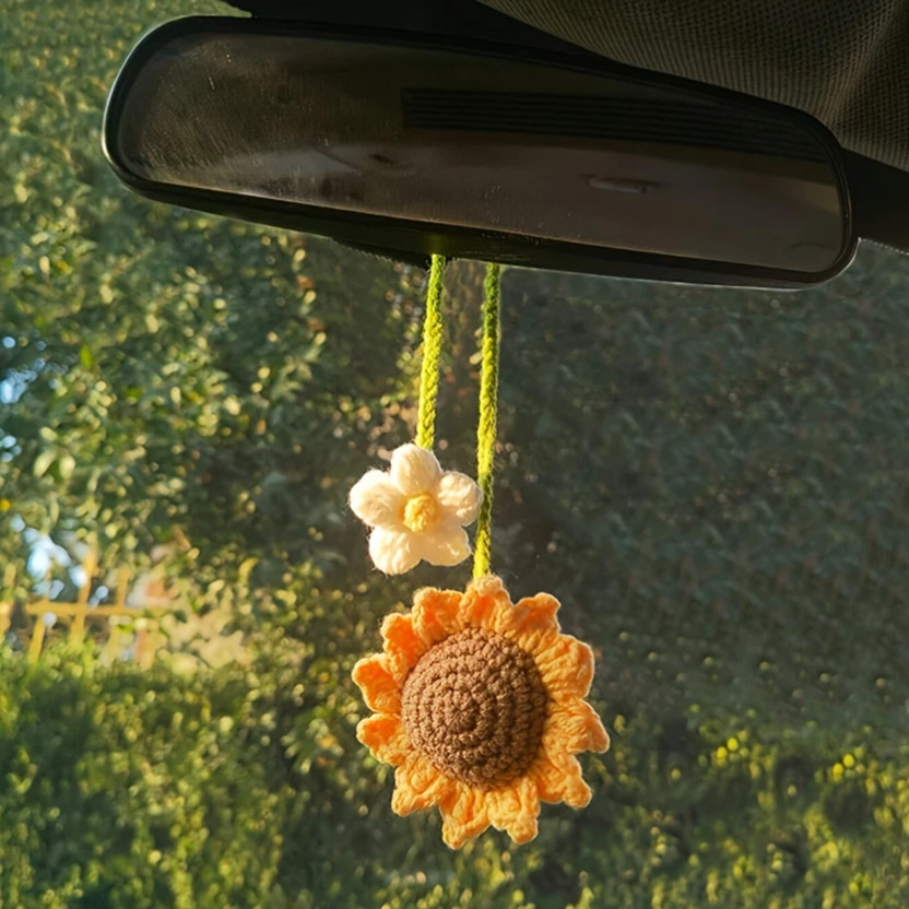 Snowys Shop Crochet Sunflower Daisy Car Hanging for Girls Women- Cute Rear View Mirror Car Hanging Ornament(Pack of 1)