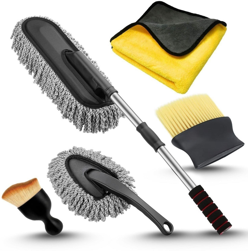 virtual shop 5-Piece Ultimate Car Cleaning Kit –Duster, Brushes Cloth for a Perfect Finish Microfiber Supper Kit Duster Mini Duster microfiberCloth AC vent Detailing Brush Vehicle Interior Cleaner(5 ml)