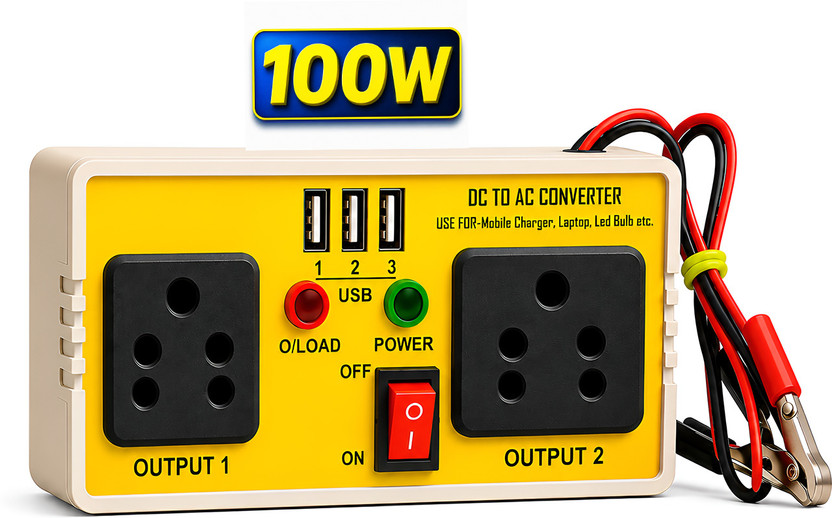 METRIVA_TECH 100W DC to AC Converter 12V Dual AC Socket Triple USB Port Power Inverter Worldwide Adaptor(Yellow)
