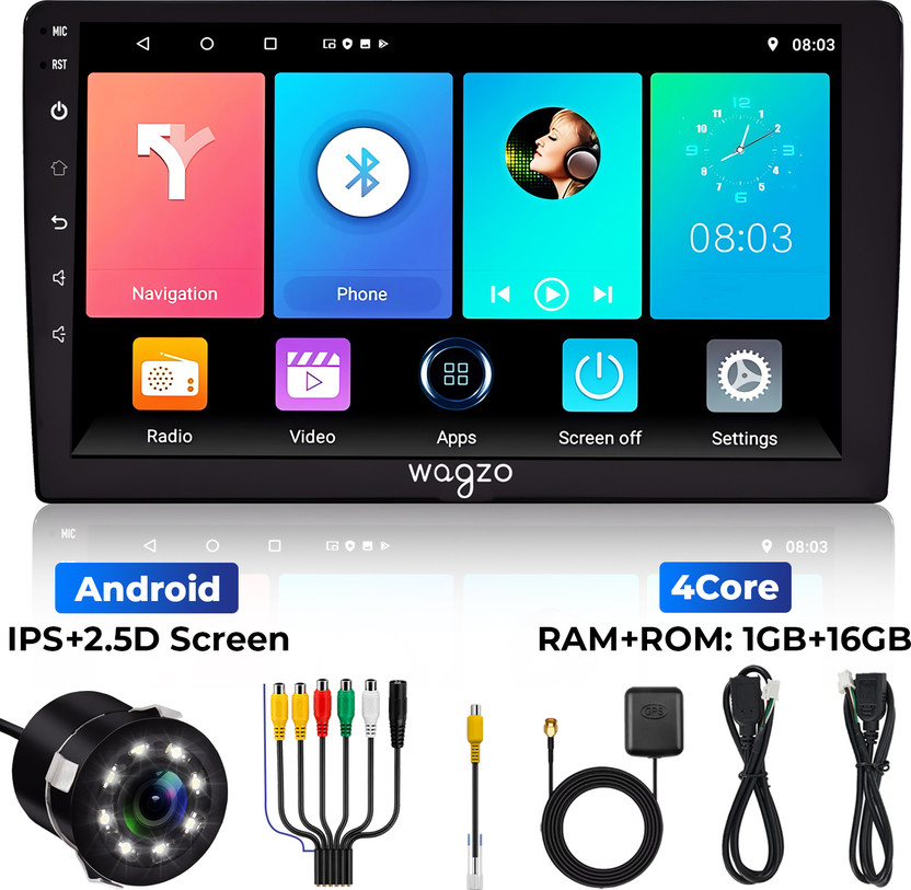 Wagzo 9 Inch Car Android Player TS7,1GB+16GB,4thGen,4 Core,IPS Display With Led Camera Car Stereo(Double Din)