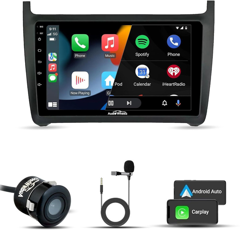 Audio Wheels VW Polo 9" 1280P IPS Android 13 Car Stereo + AHD Camera & Frame | 2+32GB Car Stereo(Double Din)