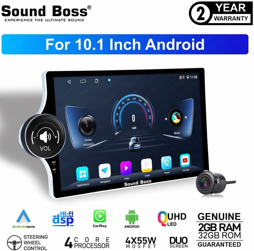 Sound Boss Androidify 4th Gen 10.1" Qled Diamond Side Knob 2GB/32GB Android With AHD Camera Car Stereo(Double Din)