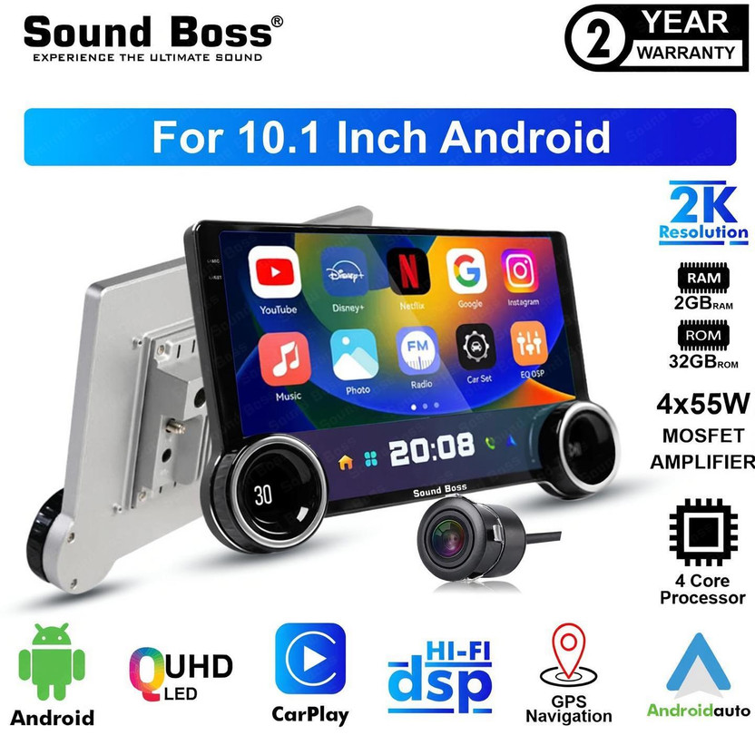 Sound Boss 2K Diamond Series Androidify 4th Gen 10.1 Inch 2GB/32GB Android With AHD Camera. Car Stereo(Double Din)