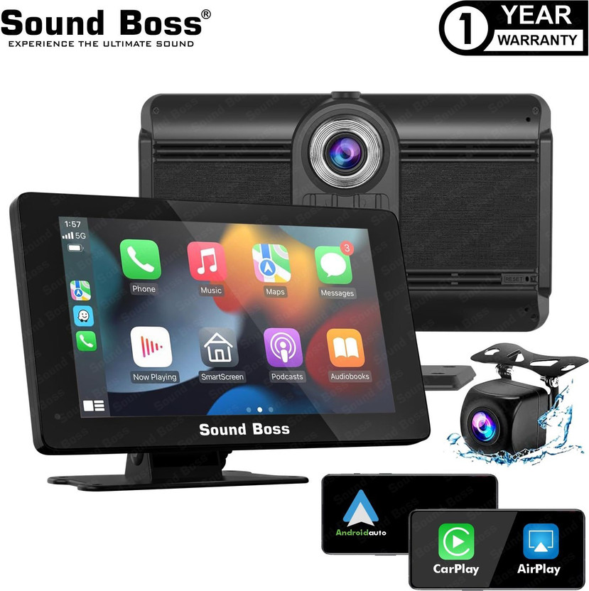 Sound Boss 7" Smart Screen with CarPlay/Android Auto & In-Built Dual Dashcam Car Stereo(Double Din)
