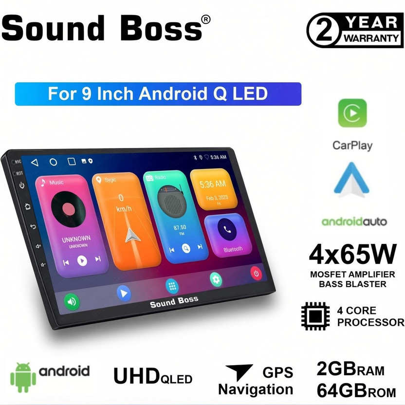 Sound Boss Androidify 3rd Generation Bass Blaster 9' Inch QLED Android Car-Play (2GB/64GB) Car Stereo(Double Din)