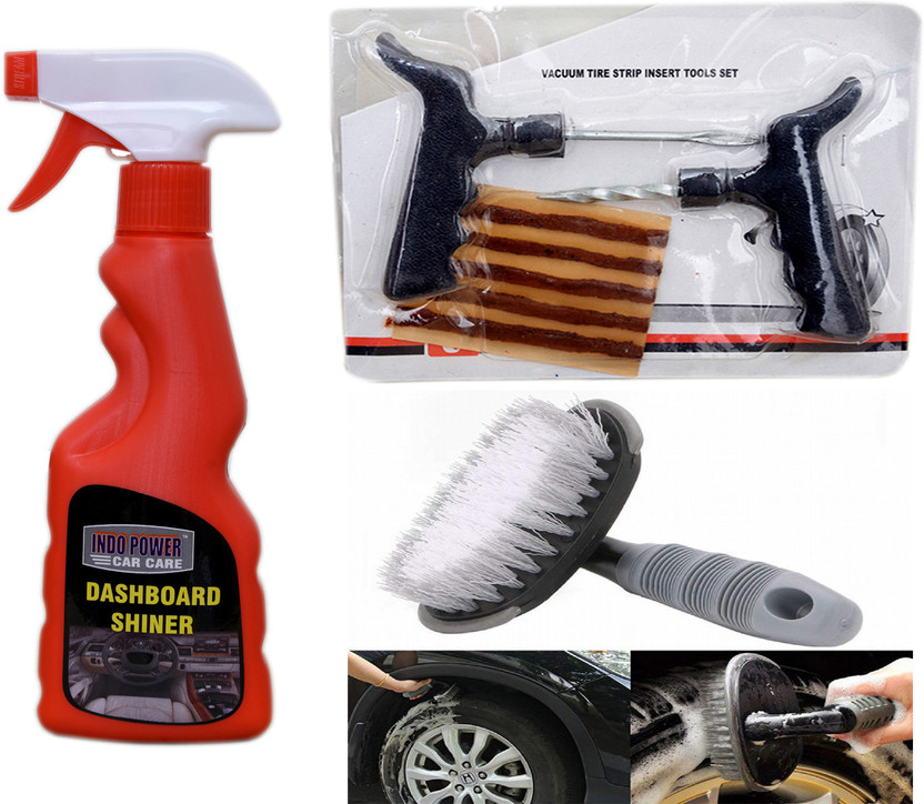 INDOPOWER INDOPOWER DASHBOARD SHINER SPRAY 250ml+ Tubelass smart Panchar Kit.+All Tyre Cleaning Brush Combo - Flipkart Deal