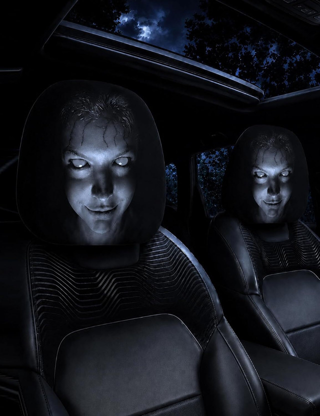 amidha Fabric Car Seat Cover For Universal For Car Pack Scary Car Headrest Covers, Upgraded Snug Fit Universal Headrest Cover, Breathable Polyester Ghost Face Seat Protector for Halloween Car Interior Decoration, Vehicle Accessories(All Detachable Headrest, Split Back Seat, Without Back Seat Arm Res
