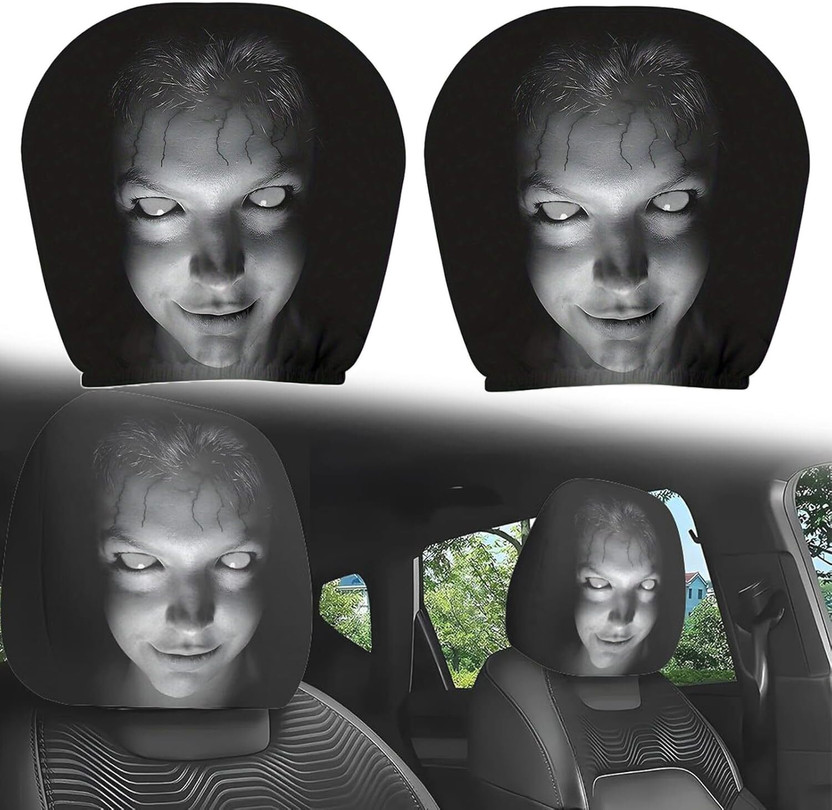 vgdsales Fabric Car Seat Cover For Universal For Car Pack Scary Car Headrest Covers, Upgraded Snug Fit Universal Headrest Cover, Breathable Polyester Ghost Face Seat Protector for Halloween Car Interior Decoration, Vehicle Accessories(All Detachable Headrest, Split Back Seat, Without Back Seat Arm R