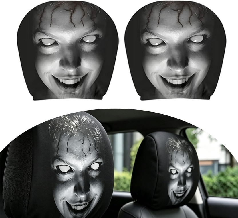 DHAAMI Fabric Car Seat Cover For Universal For Car, NA Spooky Horror Ghost Car Headrest Protectors - 2 Pcs(All Detachable Headrest, Split Back Seat, Without Back Seat Arm Rest, 4 Seater)