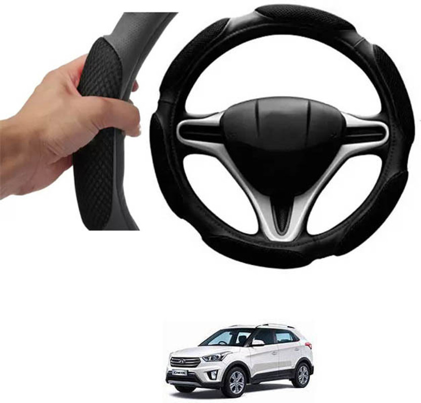 RONISH Hand Stiched Steering Cover For Hyundai Creta(Black, Leatherite)
