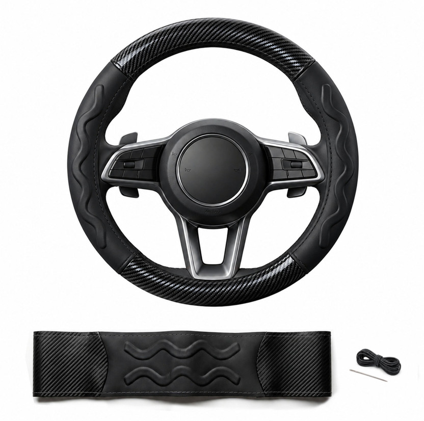 Goodlife Goodlife Hand Stiched Steering Cover For Universal For Car NA(Black Carbon Fibre Texture with Wave Grip Design & Black Stitching, Leather) - Flipkart Deal