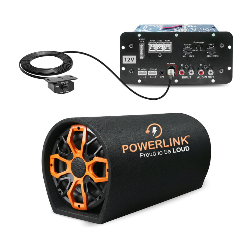 Powerlink 8" Car Bass Tube Inbuilt Amplifier with Line Control Volume Adjuster (Peak Power: 4800W) - Powerful Audio and Deep Bass Subwoofer(Powered , RMS Power: 400 W)